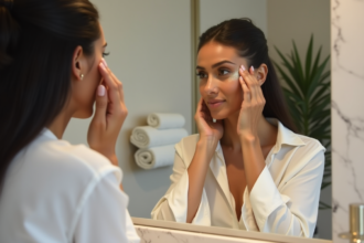 Femme appliquant un maquillage yeux dans une salle de bain élégante