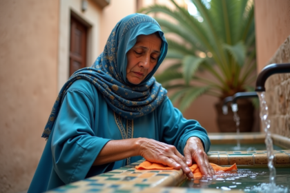 Femme marocaine en djellaba bleue lave des tissus à la main