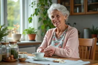 Femme âgée appliquant une crème aux herbes maison