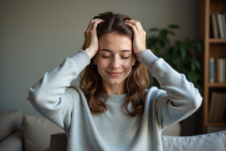 Femme se massant le cuir chevelu dans un intérieur cosy