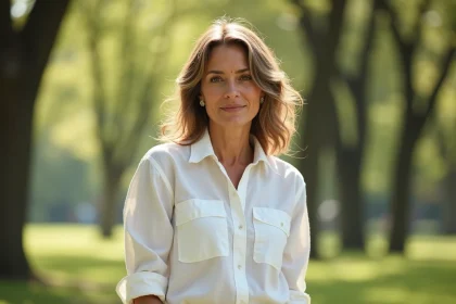 Femme naturelle et confiante en chemise en lin blanc dans un parc, beauté authentique sans maquillage excessif