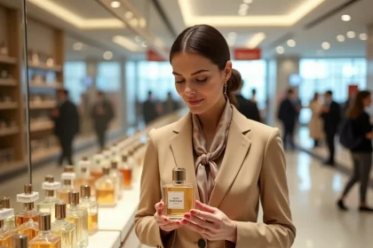 Femme élégante tenant un flacon de parfum de luxe dans une boutique duty free d'aéroport