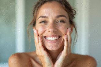 Femme souriante touchant ses joues avec une peau saine
