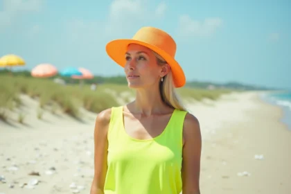 Femme en robe néon vert sur la plage en été