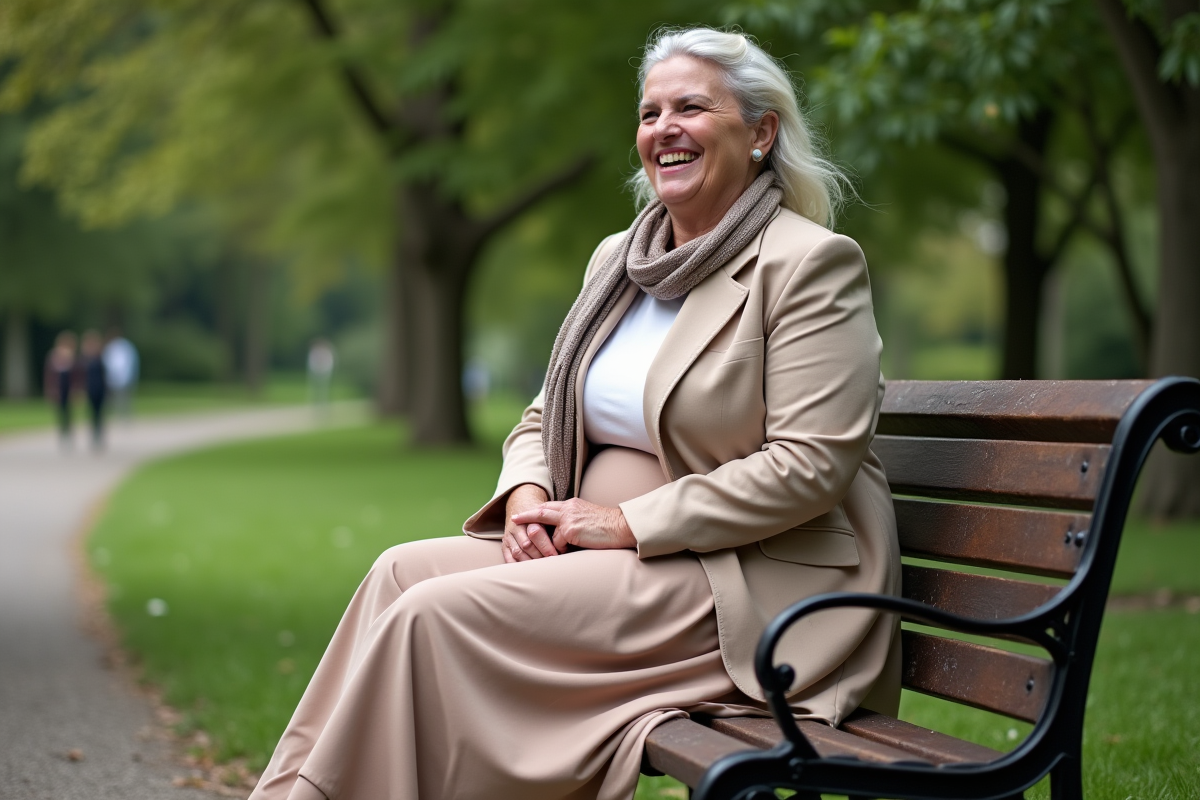 Femme ronde souriante assise dans un parc verdoyant