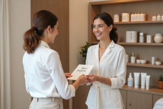 Femme souriante offrant une carte de remerciement à une estheticienne
