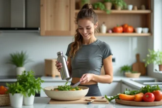 Femme préparant une salade colorée dans une cuisine moderne