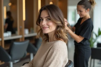 Femme souriante dans un salon moderne et élégant