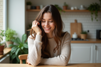 Femme souriante aux cheveux bruns dans une cuisine lumineuse