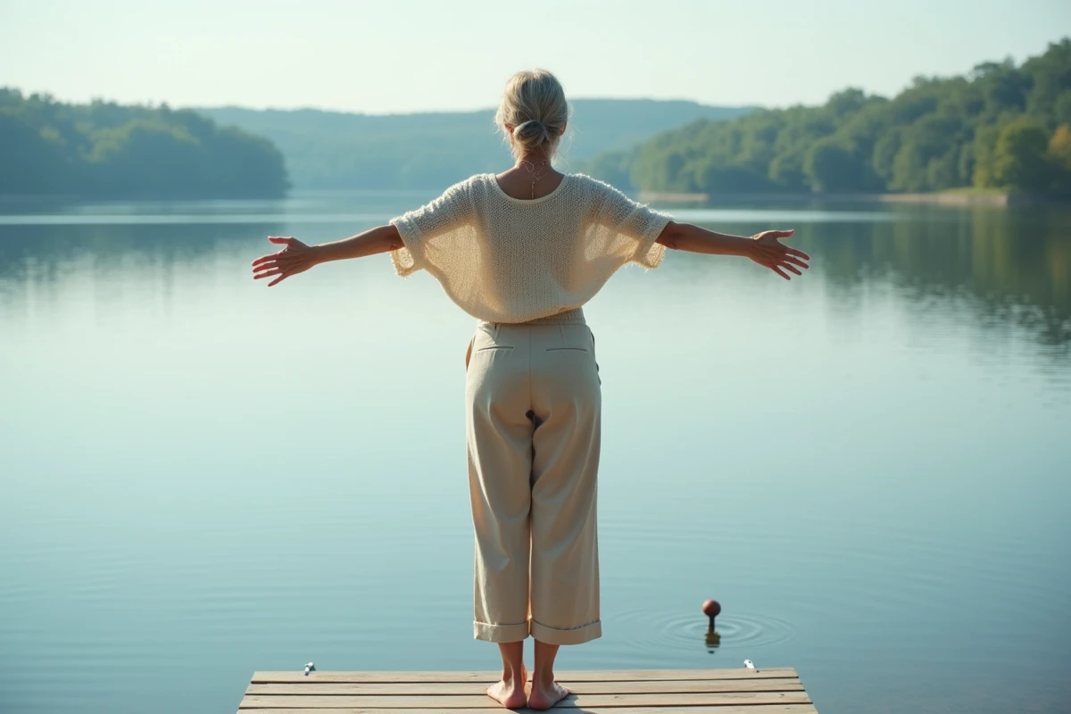 Femme sereine sur un ponton en bois au bord d'un lac, posture confiante et beauté naturelle assumée