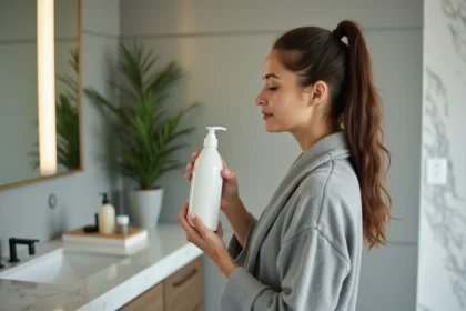 Femme en peignoir examine un shampoing sans sulfate dans la salle de bain