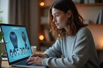 Femme utilisant un simulateur de coupe de cheveux IA sur ordinateur portable à son bureau à domicile