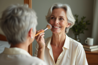 Femme mature appliquant poudre visage dans un cadre cosy