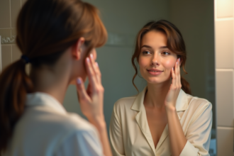 Femme regardant son reflet dans un miroir dans une salle de bain moderne
