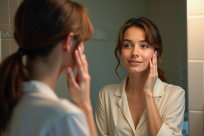 Femme regardant son reflet dans un miroir dans une salle de bain moderne