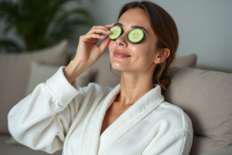Femme relaxant avec des tranches de concombre sur les yeux