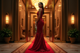 Femme élégante en robe de soirée devant un hôtel luxueux