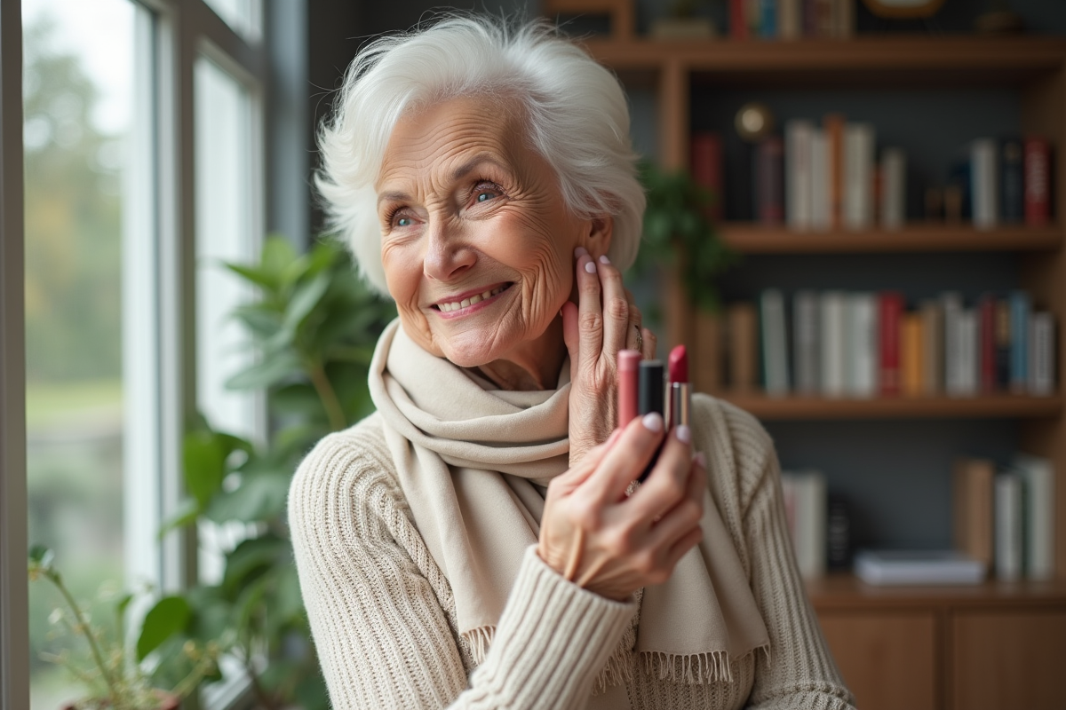 Femme souriante avec rouge à lèvres et écharpe en intérieur