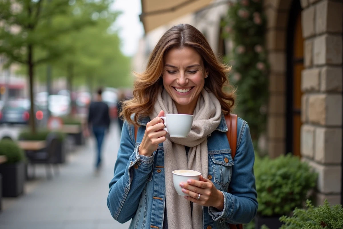 Femme rieuse avec un café en terrasse urbaine
