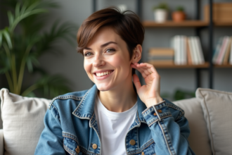 Femme souriante avec coupe pixie visage rond article