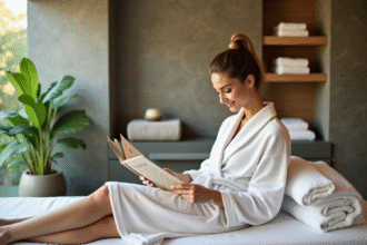 Femme en peignoir blanc dans un spa intérieur