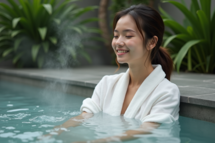 Femme dans un spa extérieur en détente et relaxation