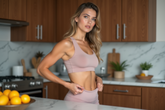 Femme en sport dans sa cuisine moderne pour la sante