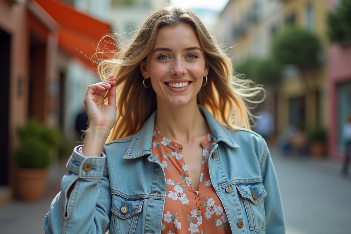 Jeune femme avec dégradé en rue ensoleillée