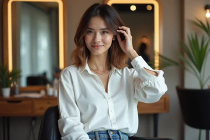 Femme avec coiffure bob dans un salon moderne