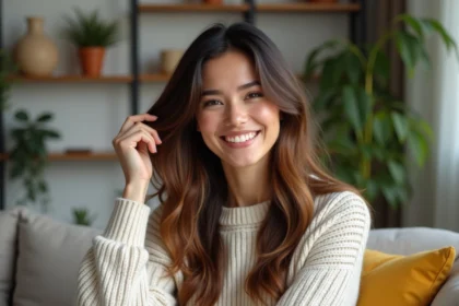 Femme élégante aux cheveux bruns dans un salon moderne