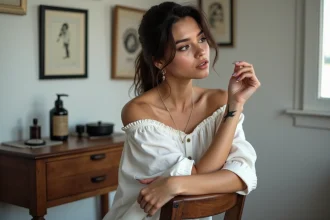 Jeune femme contemplant son tatouage hirondelle sur l'avant-bras dans un studio de tatouage minimaliste
