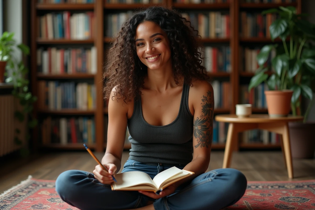 Femme souriante avec tatouage hirondelle sur le bras lisant dans une bibliothèque chaleureuse à la maison