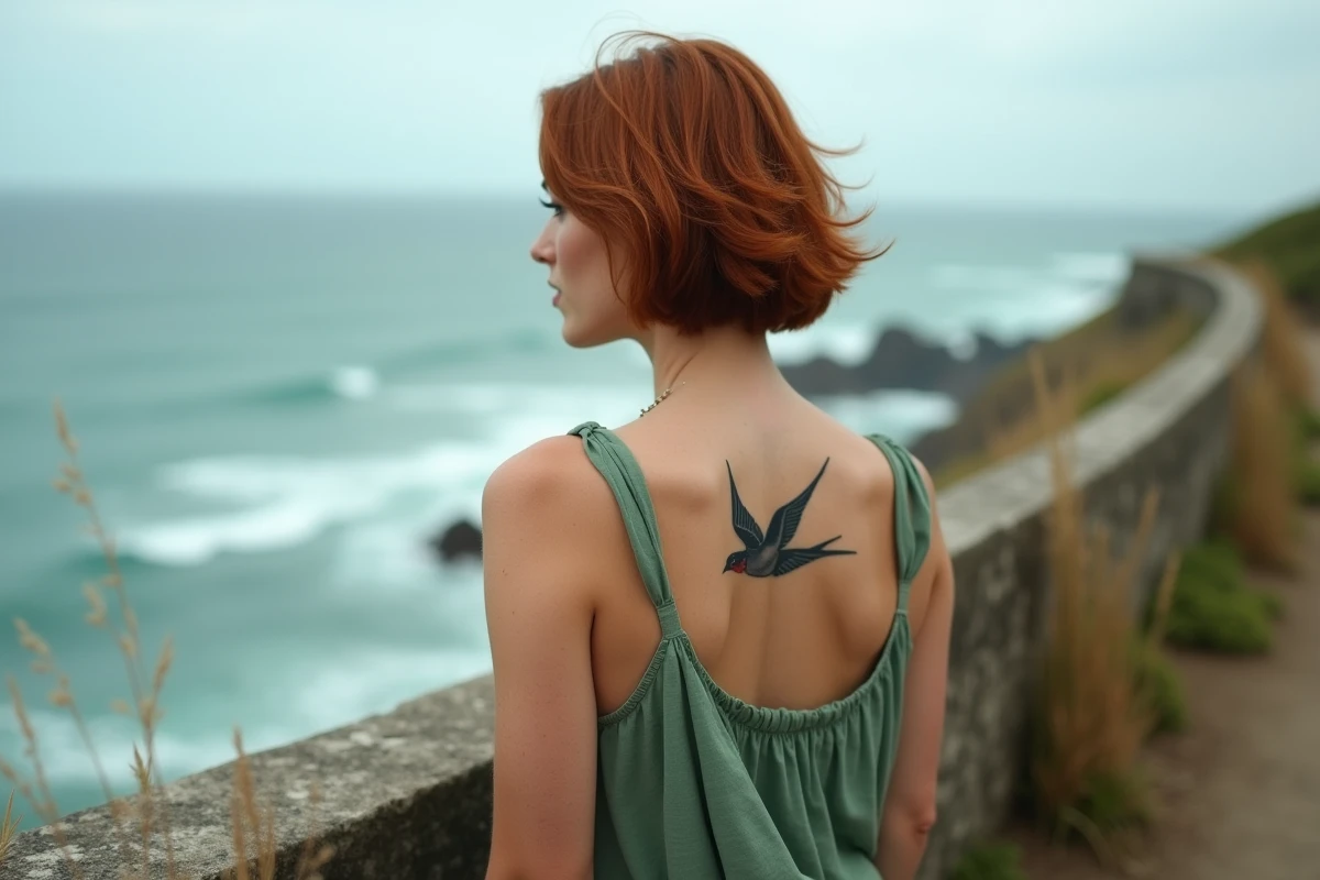 Femme de dos montrant son tatouage hirondelle entre les omoplates sur une falaise côtière