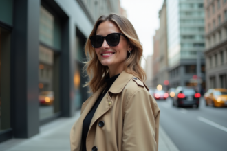 Femme élégante en trench beige dans une ville moderne