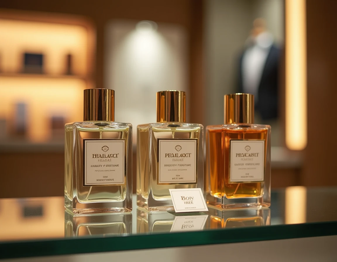 Flacons de parfum haut de gamme sur un comptoir de boutique duty free avec étiquettes de prix