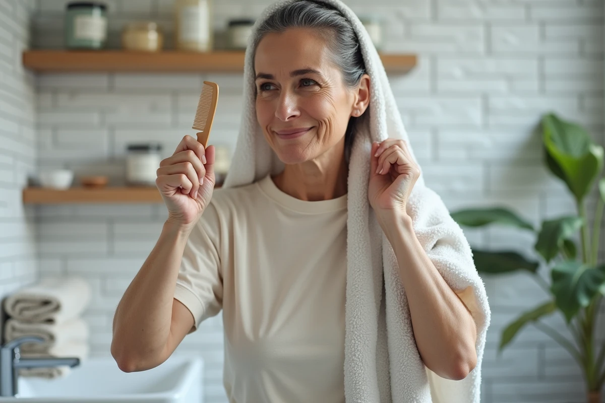 Femme appliquant un flash coiffeur naturel à domicile dans une salle de bain, soin capillaire maison sans produits chimiques agressifs