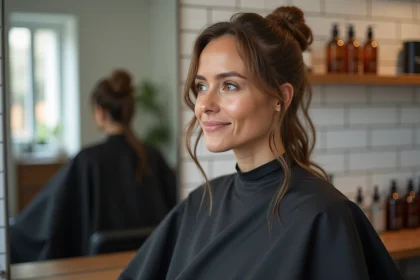 Femme en salon de coiffure recevant un flash coiffeur naturel, cape de protection noire, ambiance professionnelle et soin des cheveux