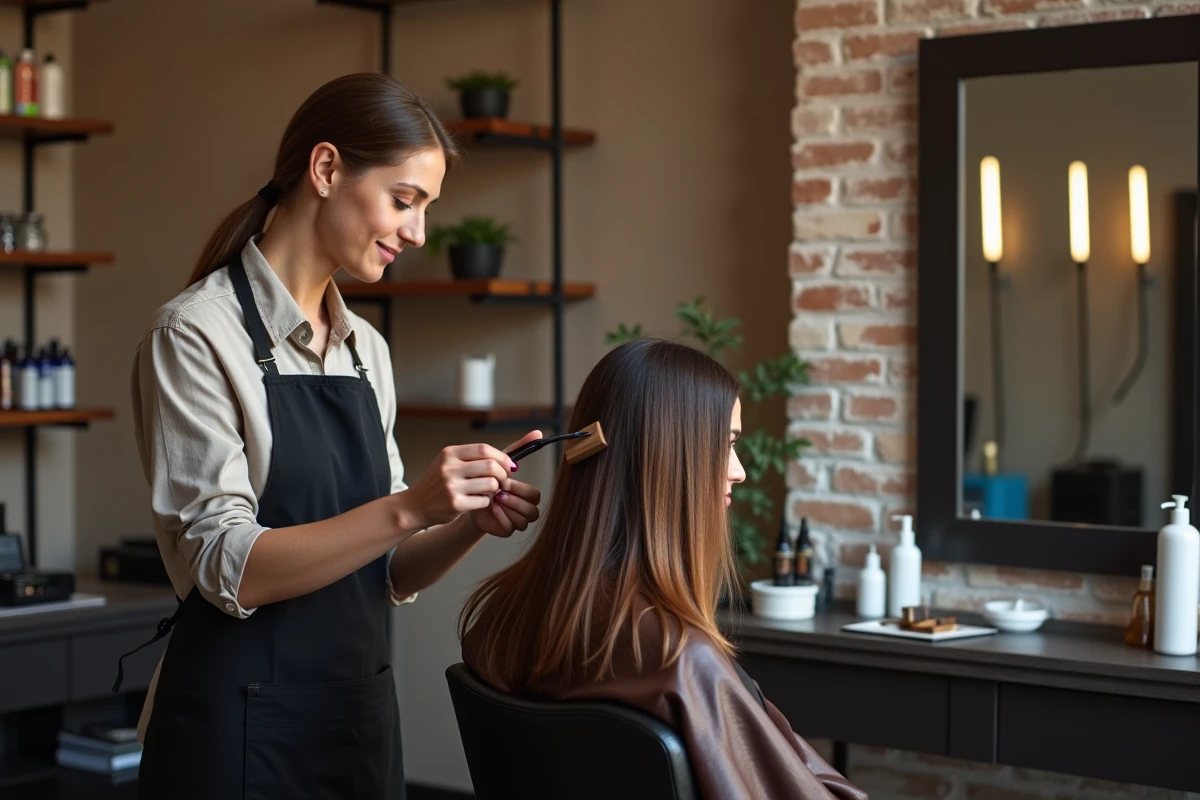 Coiffeuse professionnelle appliquant un flash coiffeur sur cheveux longs en salon, soin brillance naturelle sans ammoniaque