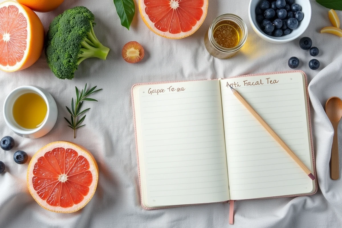 Flat lay d'aliments anti-cellulite avec pamplemousse, graines de lin, myrtilles et carnet de planification repas