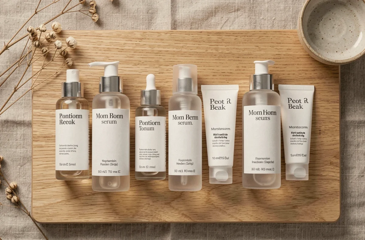 Vue aérienne comparative de produits de soins Typology, The Ordinary et The Inkey List disposés côte à côte sur une surface en bois clair avec des éléments botaniques
