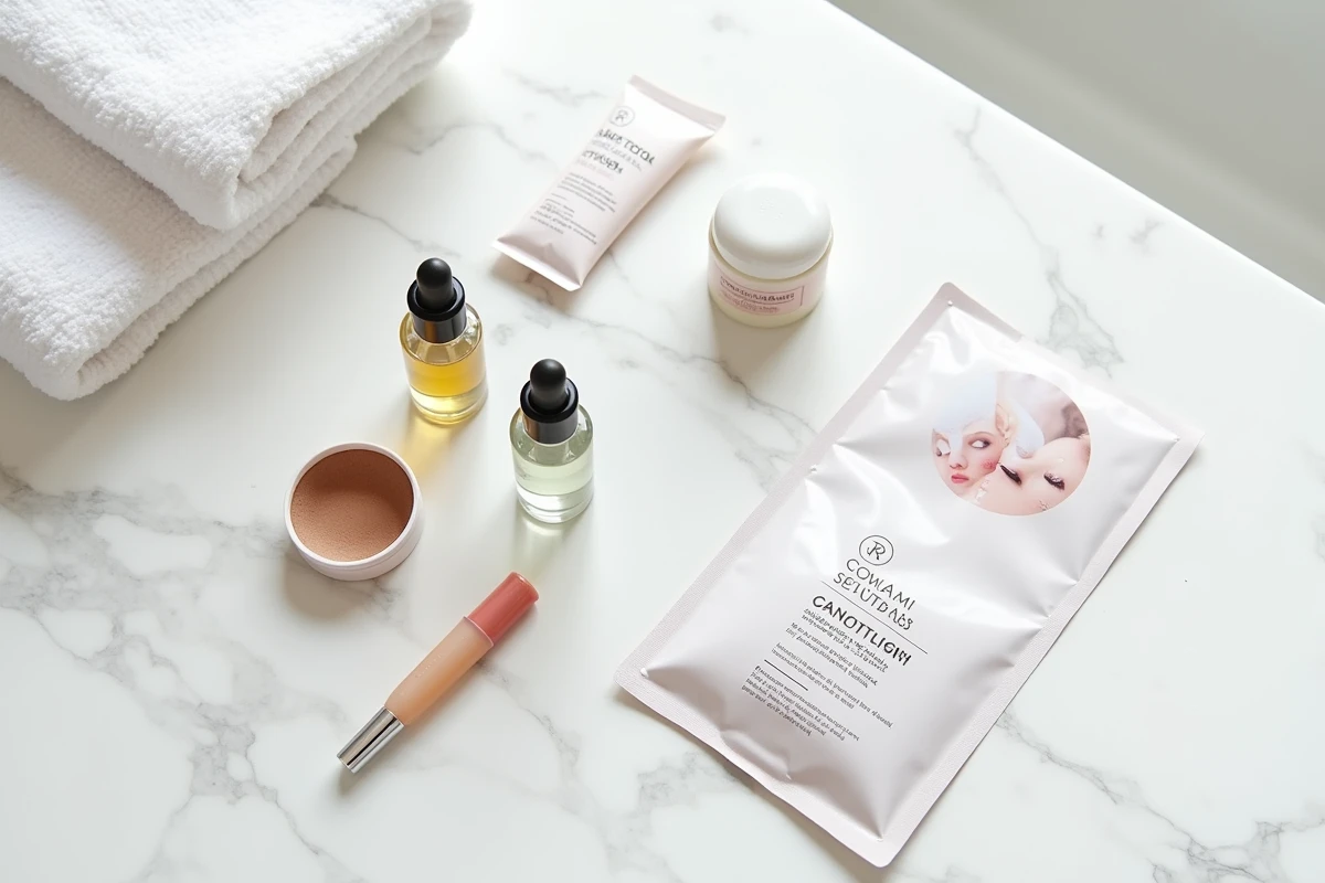 Flat lay de produits cosmétiques d'une box beauté 2026 disposés sur un comptoir en marbre blanc, incluant sérums, rouleau jade et soins visage