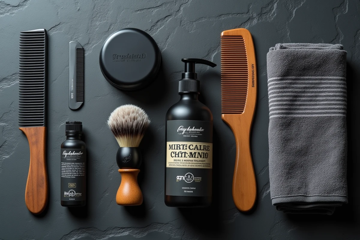 Flat lay des meilleurs produits coiffants pour cheveux fins homme sur ardoise sombre