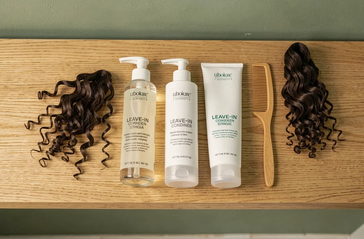 Flatlay de produits coiffants pour boucles curly posés sur une étagère en bois, incluant gel, leave-in et peigne à dents larges