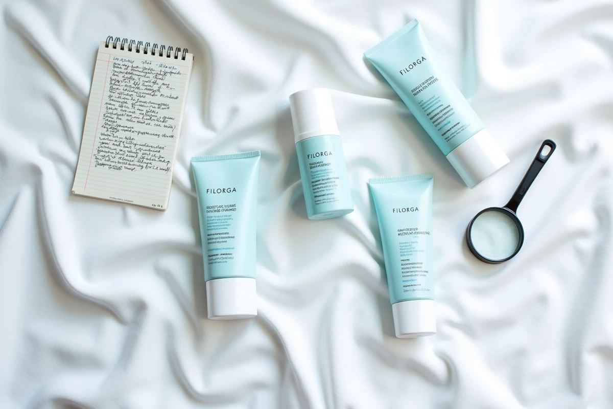 Flatlay de produits Filorga avec loupe et notes d'ingrédients sur du linge blanc, évoquant une analyse critique avant achat