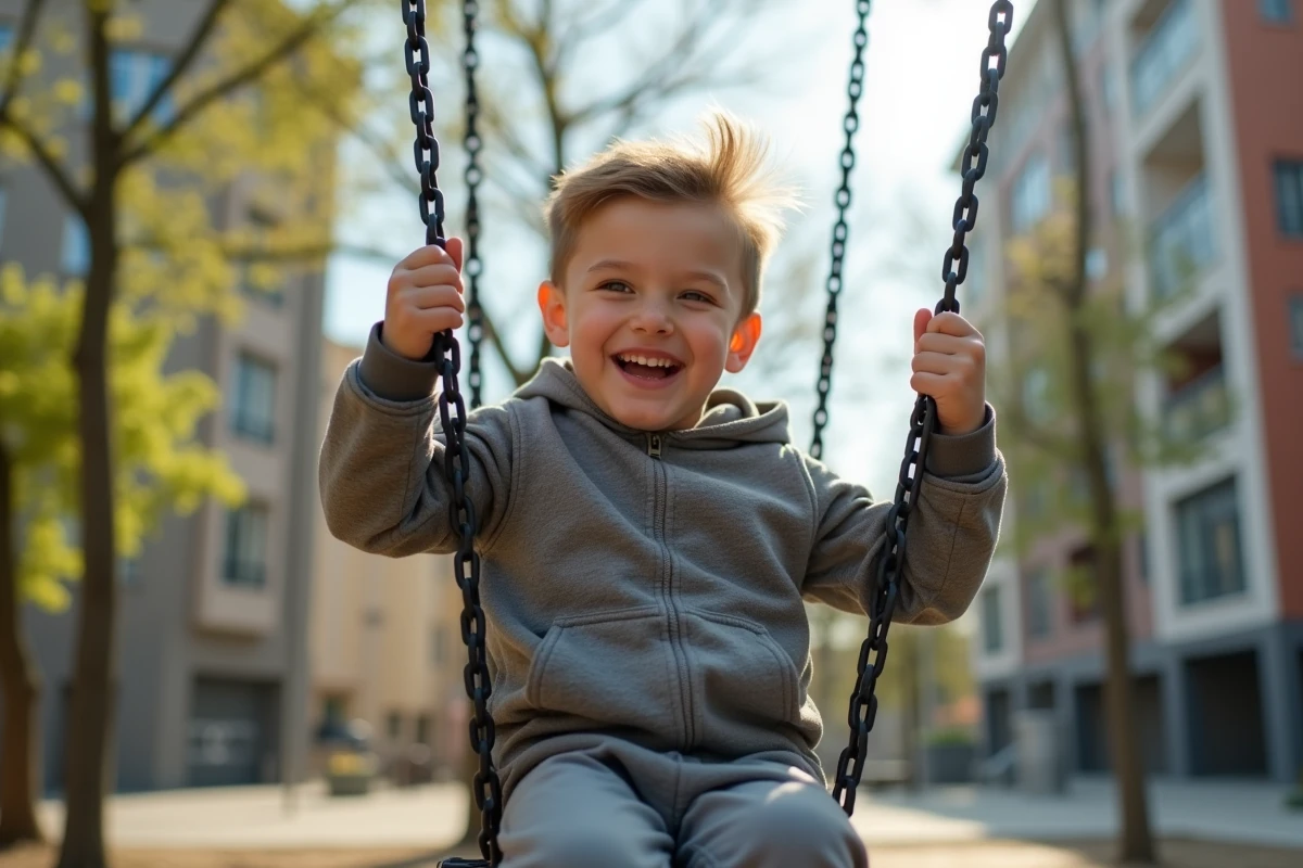 Jeune garçon de 4 ans riant en faisant de la balançoire dans un parc urbain