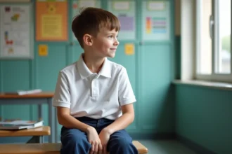 Garçon de 10 ans assis en classe regardant par la fenêtre