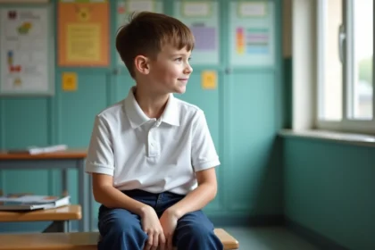 Garçon de 10 ans assis en classe regardant par la fenêtre