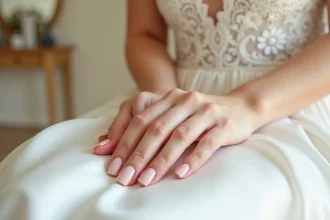 Mains de mariée aux ongles courts avec gel nude rose pâle sur robe de mariée en satin blanc