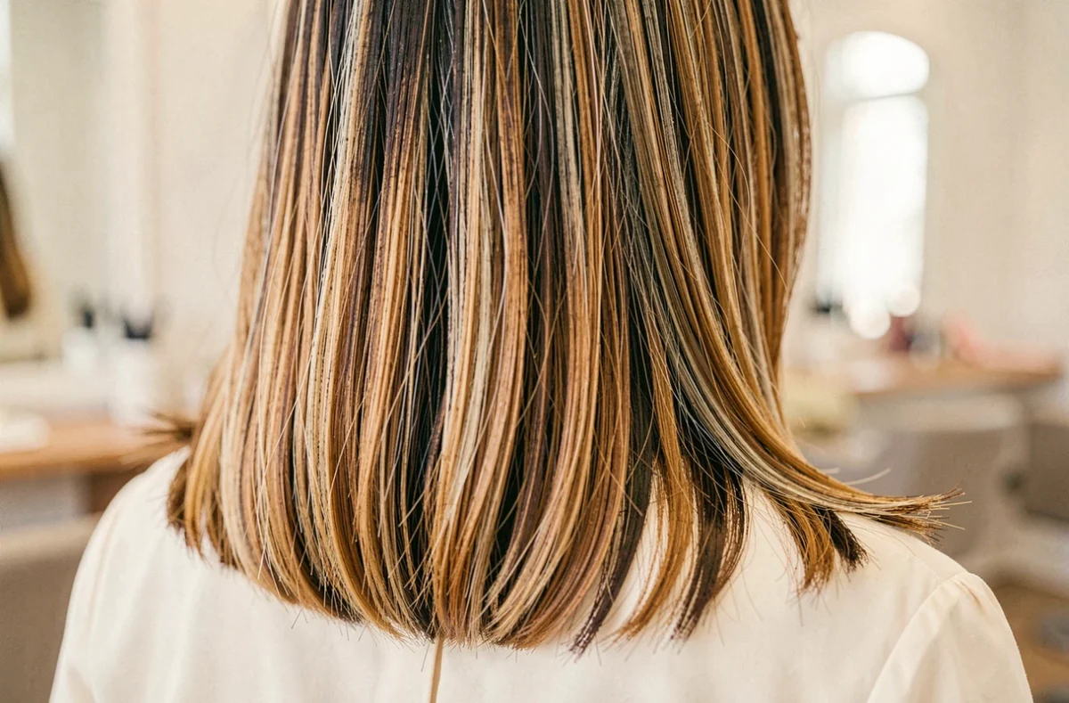 Gros plan d'un balayage caramel réalisé sur cheveux bruns pour dissimuler les mèches blanches