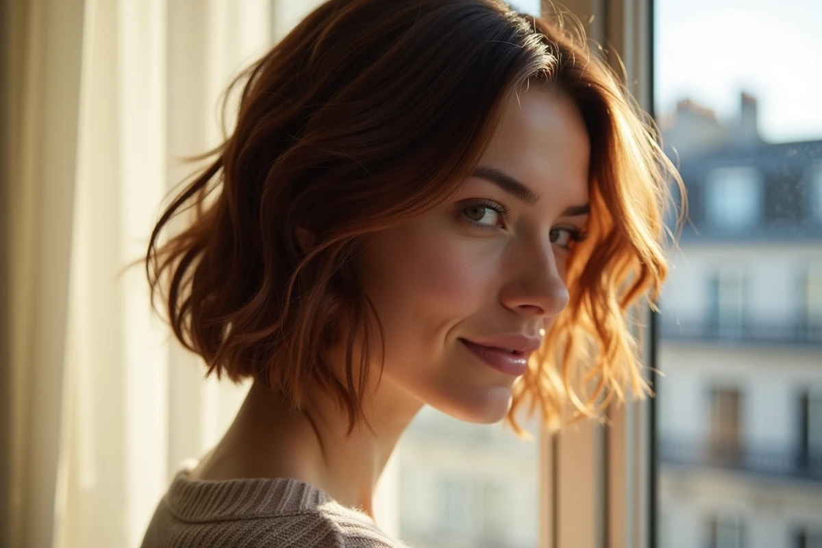 Gros plan sur une mini vague bien définie sur cheveux fins courts châtains en appartement parisien